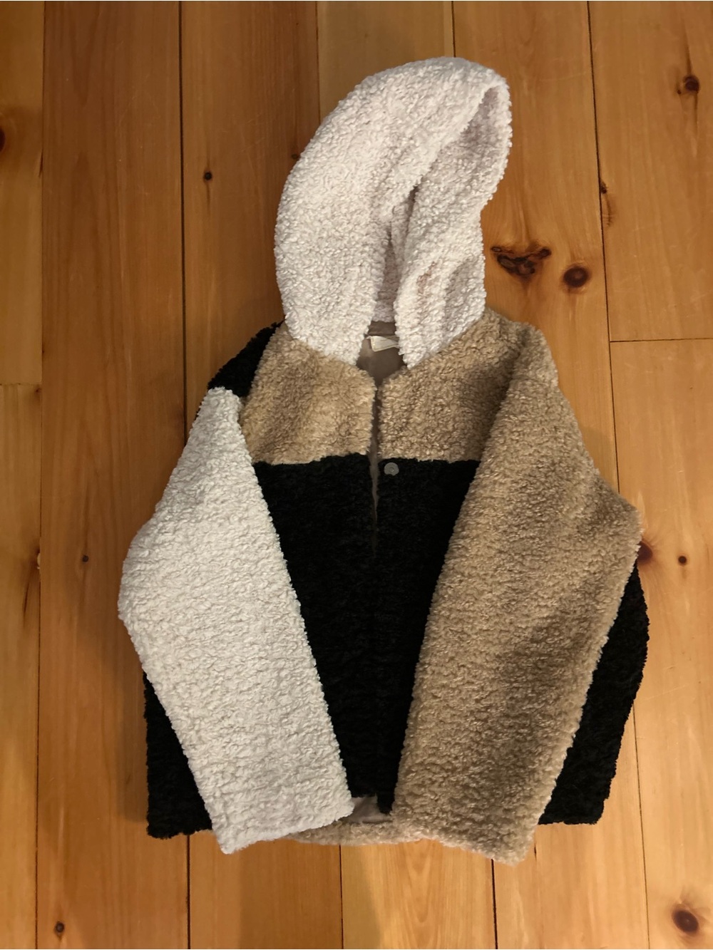 Jen's Pirate Booty Colorblock Sherpa Hooded Jacket - Black, White & Tan NEVER WO